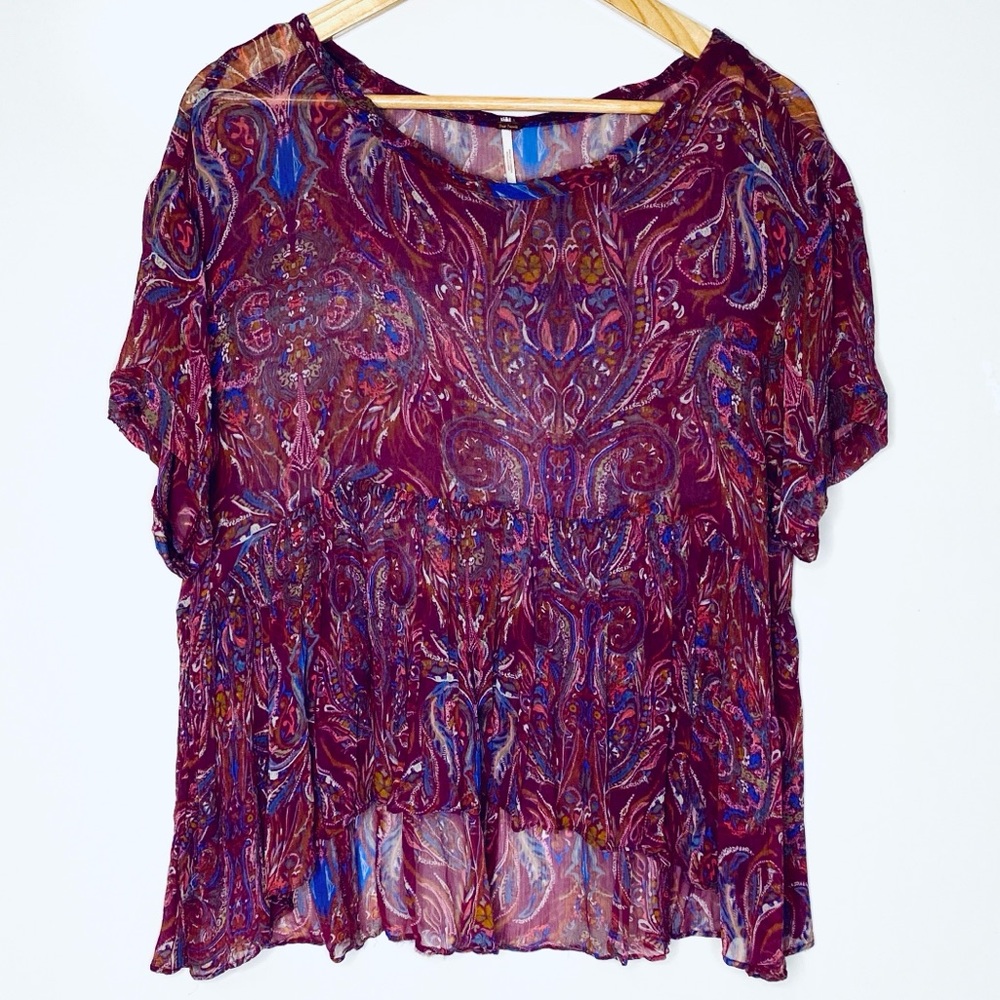 Free People Burgundy Purple Paisley Print Sheer Top | Medium